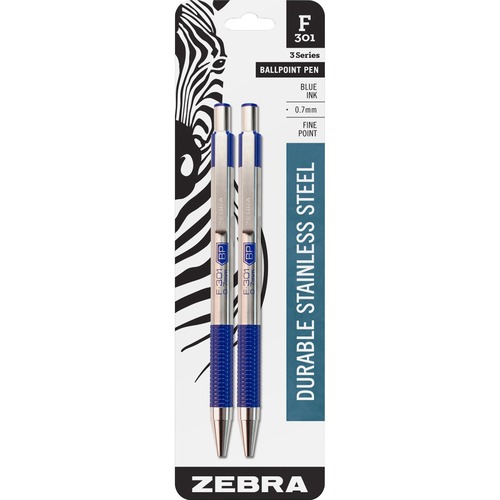 F-301 RETRACTABLE BALLPOINT PEN, 0.7 MM, BLUE INK, STAINLESS STEEL/BLUE BARREL, 2/PACK