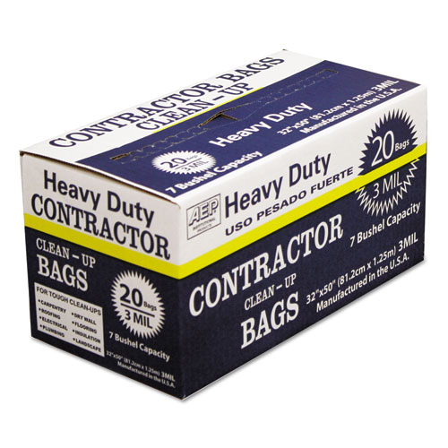 HEAVY-DUTY CONTRACTOR CLEAN-UP BAGS, 60 GAL, 3 MIL, 32" X 50", BLACK, 20/CARTON